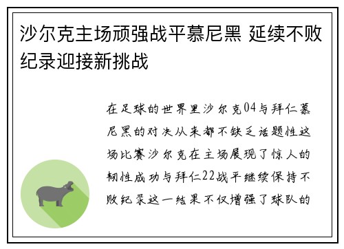 沙尔克主场顽强战平慕尼黑 延续不败纪录迎接新挑战