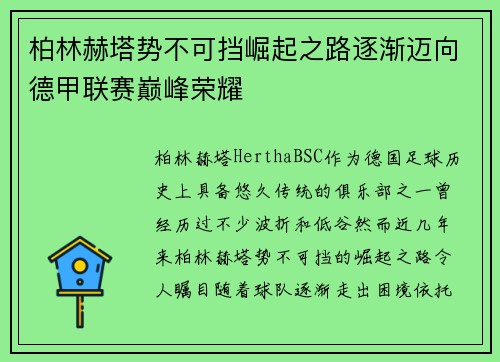 柏林赫塔势不可挡崛起之路逐渐迈向德甲联赛巅峰荣耀