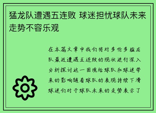 猛龙队遭遇五连败 球迷担忧球队未来走势不容乐观