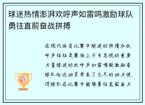 球迷热情澎湃欢呼声如雷鸣激励球队勇往直前奋战拼搏