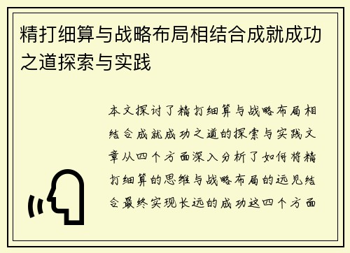 精打细算与战略布局相结合成就成功之道探索与实践
