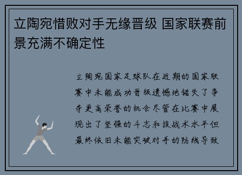 立陶宛惜败对手无缘晋级 国家联赛前景充满不确定性