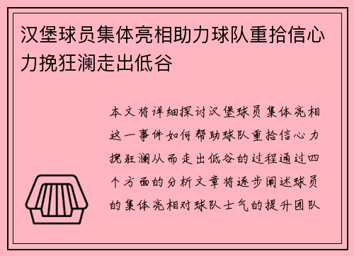汉堡球员集体亮相助力球队重拾信心力挽狂澜走出低谷